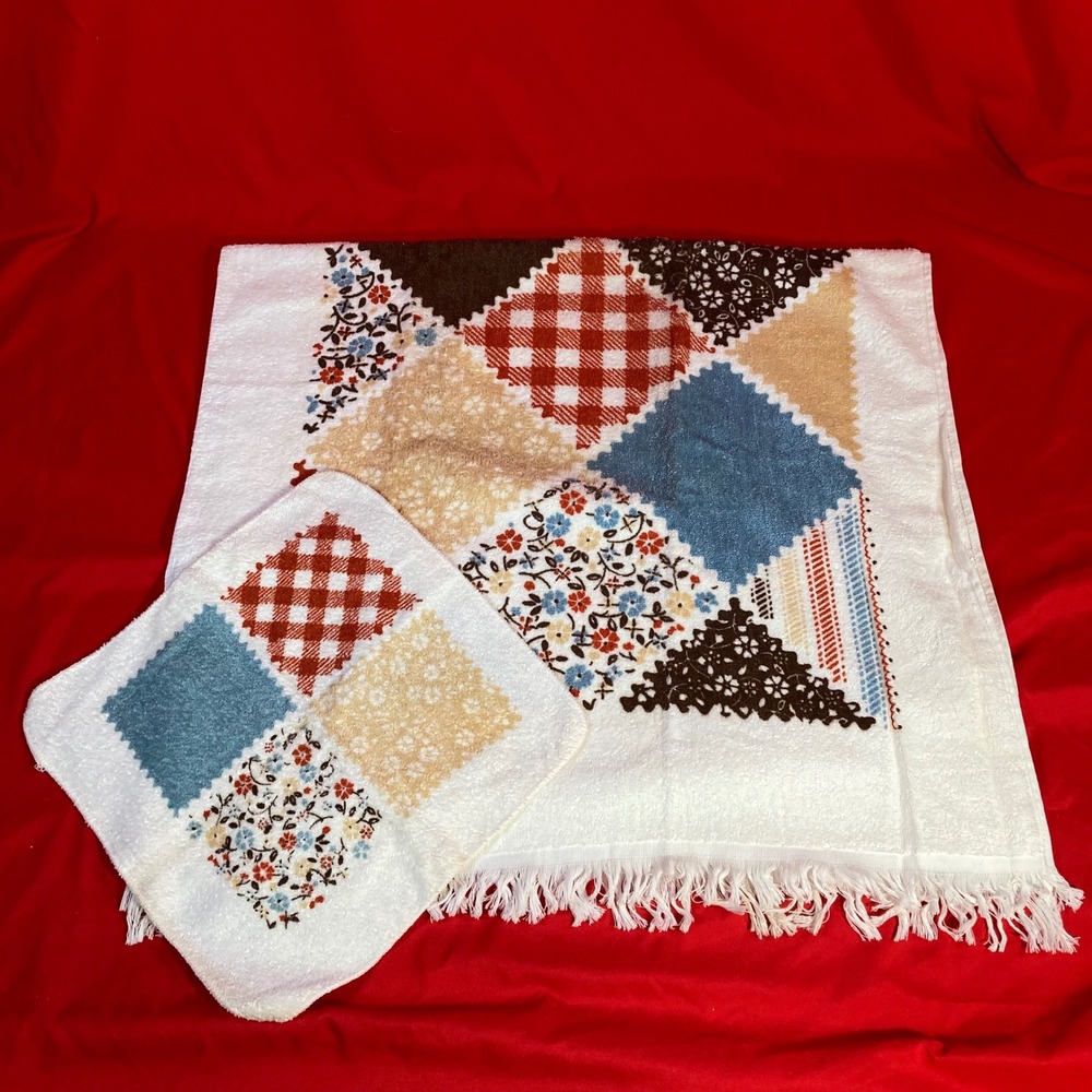 Vintage Cannon Sears Patchwork Bath Towel Washcloth Set Floral Gingham Boho 70s